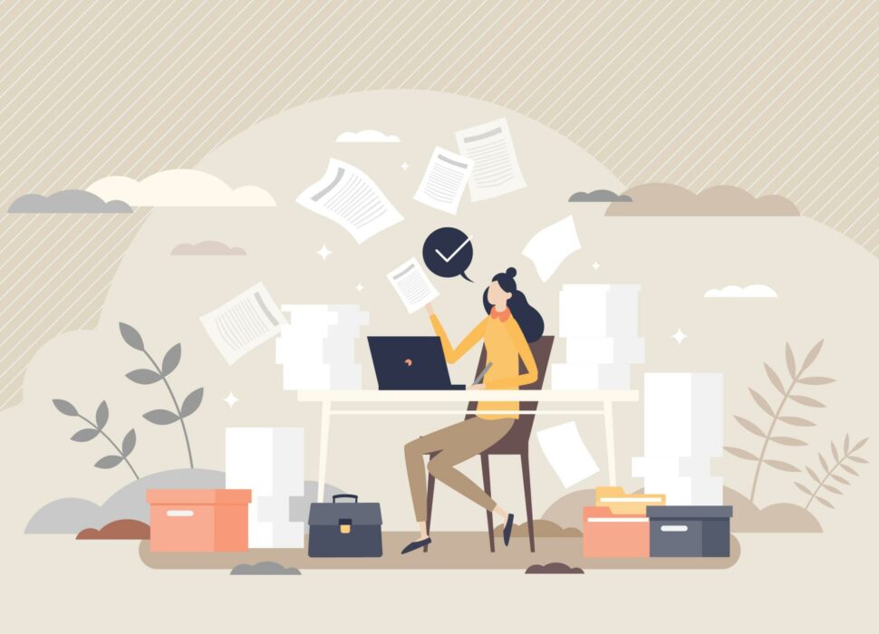 Busy work female with company paperwork pile in office tiny person concept. Businesswoman duties and tasks with successful document work vector illustration. Professional employee multitasking scene.